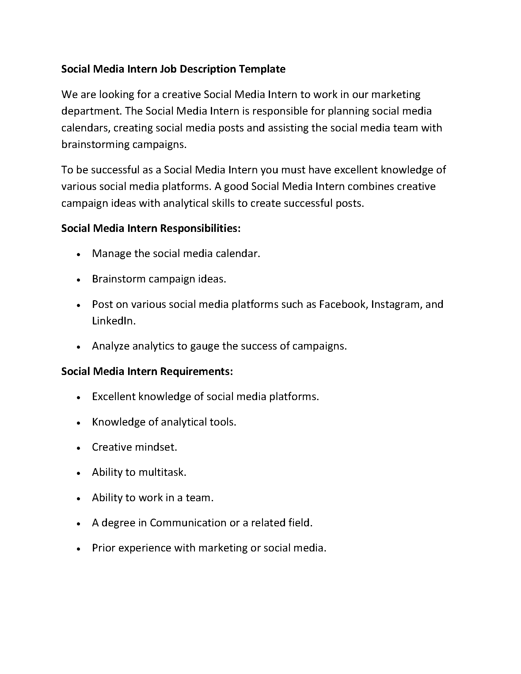 Social Media Intern Job Description Template